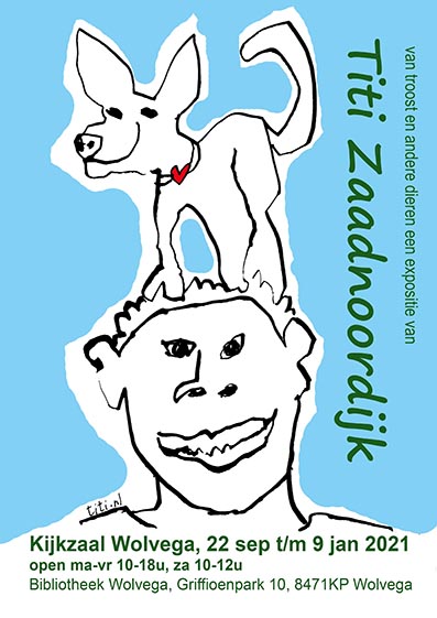 flyer aankondiging expositie met afbeelding van een hondje op het hoofd van een mens