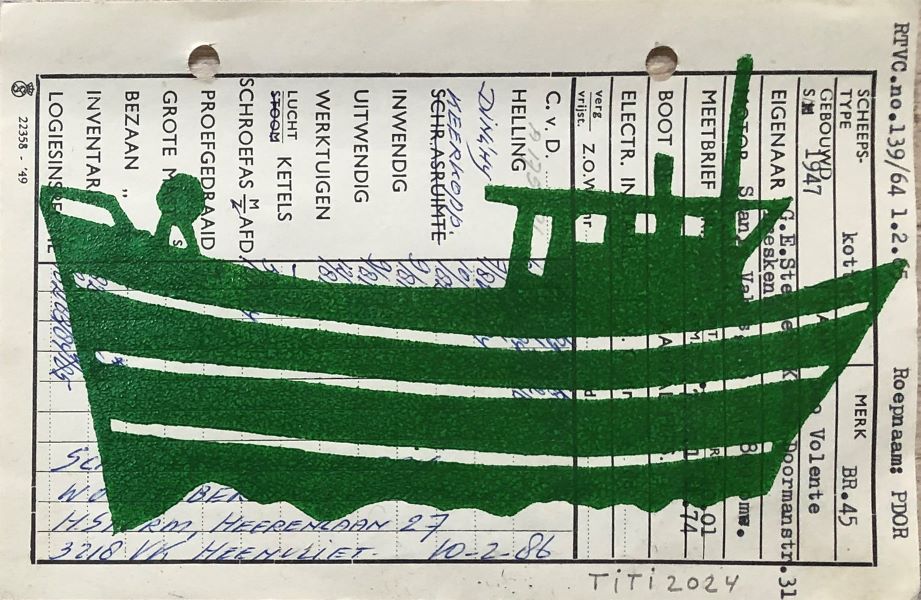 groene viskotter op werkbriefje