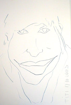 groot blauw portret, lachend